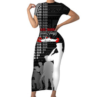 Pearl Harbor Remembrance Day Family Matching Short Sleeve Bodycon Dress and Hawaiian Shirt USS Arizona In Memory With Polynesian Pattern LT05 Mom's Dress Black - Polynesian Pride