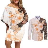 Fiji Couples Matching Off Shoulder Short Dress and Long Sleeve Button Shirt Masi Tapa Pattern Brown LT05 Brown - Polynesian Pride