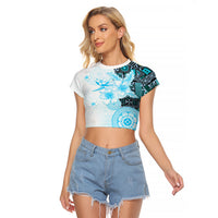 Fiji Raglan Cropped T Shirt Masi Tapa Pattern Blue LT05 Female Blue - Polynesian Pride