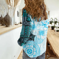 Fiji Women Casual Shirt Masi Tapa Pattern Blue LT05 - Polynesian Pride