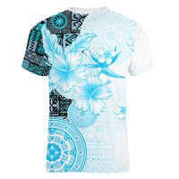 Fiji Women V Neck T Shirt Masi Tapa Pattern Blue LT05 - Polynesian Pride