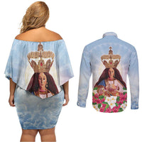 Guam Patroness Couples Matching Off Shoulder Short Dress and Long Sleeve Button Shirt The Legend Santa Marian Kamalen