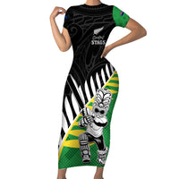 Custom New Zealand Central Districts Cricket Short Sleeve Bodycon Dress With Maori Pattern LT05 Long Dress Green - Polynesian Pride