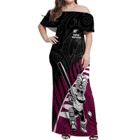 Custom New Zealand Northern Districts Cricket Off Shoulder Maxi Dress With Maori Pattern LT05 Women Maroon - Polynesian Pride