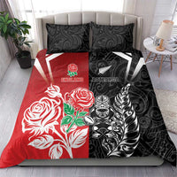 New Zealand And England Rugby Bedding Set Maori Tiki With Red Rose Together