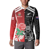 New Zealand And England Rugby Custom Button Sweatshirt Maori Tiki With Red Rose Together