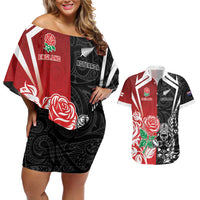 New Zealand And England Rugby Custom Couples Matching Off Shoulder Short Dress and Hawaiian Shirt Maori Tiki With Red Rose Together