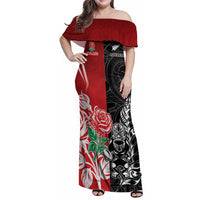 New Zealand And England Rugby Custom Family Matching Off Shoulder Maxi Dress and Hawaiian Shirt Maori Tiki With Red Rose Together
