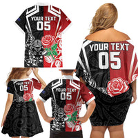 New Zealand And England Rugby Custom Family Matching Off Shoulder Short Dress and Hawaiian Shirt Maori Tiki With Red Rose Together
