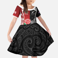 New Zealand And England Rugby Custom Family Matching Short Sleeve Bodycon Dress and Hawaiian Shirt Maori Tiki With Red Rose Together