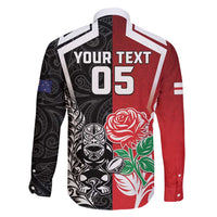 New Zealand And England Rugby Custom Family Matching Short Sleeve Bodycon Dress and Hawaiian Shirt Maori Tiki With Red Rose Together