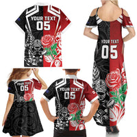New Zealand And England Rugby Custom Family Matching Summer Maxi Dress and Hawaiian Shirt Maori Tiki With Red Rose Together