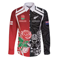 New Zealand And England Rugby Custom Family Matching Tank Maxi Dress and Hawaiian Shirt Maori Tiki With Red Rose Together