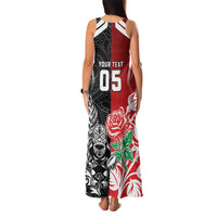 New Zealand And England Rugby Custom Family Matching Tank Maxi Dress and Hawaiian Shirt Maori Tiki With Red Rose Together