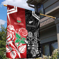 New Zealand And England Rugby Garden Flag Maori Tiki With Red Rose Together