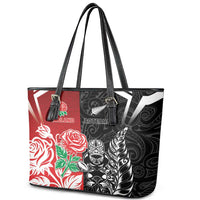 New Zealand And England Rugby Leather Tote Bag Maori Tiki With Red Rose Together