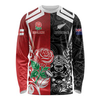 New Zealand And England Rugby Custom Long Sleeve Shirt Maori Tiki With Red Rose Together