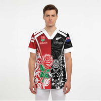 New Zealand And England Rugby Custom Scrub Top Maori Tiki With Red Rose Together - Polynesian Pride