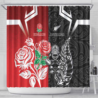 New Zealand And England Rugby Shower Curtain Maori Tiki With Red Rose Together