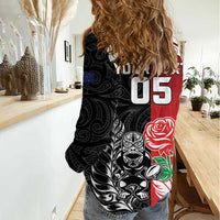 New Zealand And England Rugby Custom Women Casual Shirt Maori Tiki With Red Rose Together