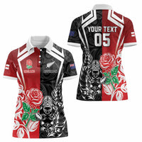 New Zealand And England Rugby Custom Women Polo Shirt Maori Tiki With Red Rose Together
