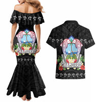 Guam Chamorro Couples Matching Mermaid Dress and Hawaiian Shirt Tribal Latte Stone With Dolphins Black