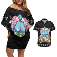 Guam Chamorro Couples Matching Off Shoulder Short Dress and Hawaiian Shirt Tribal Latte Stone With Dolphins Black