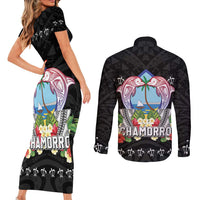 Guam Chamorro Couples Matching Short Sleeve Bodycon Dress and Long Sleeve Button Shirt Tribal Latte Stone With Dolphins Black