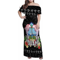 Guam Chamorro Family Matching Off Shoulder Maxi Dress and Hawaiian Shirt Tribal Latte Stone With Dolphins Black
