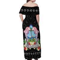 Guam Chamorro Family Matching Off Shoulder Maxi Dress and Hawaiian Shirt Tribal Latte Stone With Dolphins Black