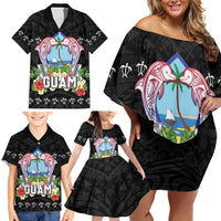 Guam Chamorro Family Matching Off Shoulder Short Dress and Hawaiian Shirt Tribal Latte Stone With Dolphins Black