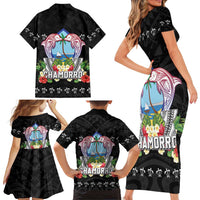 Guam Chamorro Family Matching Short Sleeve Bodycon Dress and Hawaiian Shirt Tribal Latte Stone With Dolphins Black