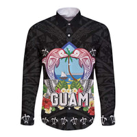 Guam Chamorro Long Sleeve Button Shirt Tribal Latte Stone With Dolphins Black