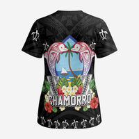 Guam Chamorro Scrub Top Tribal Latte Stone With Dolphins Black - Polynesian Pride