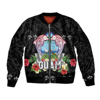 Guam Chamorro Sleeve Zip Bomber Jacket Tribal Latte Stone With Dolphins Black