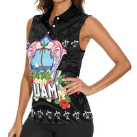 Guam Chamorro Women Sleeveless Polo Shirt Tribal Latte Stone With Dolphins Black