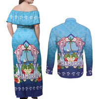 Guam Chamorro Couples Matching Off Shoulder Maxi Dress and Long Sleeve Button Shirt Tribal Latte Stone With Dolphins Blue