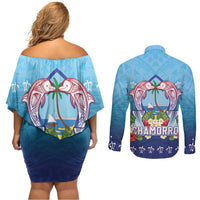 Guam Chamorro Couples Matching Off Shoulder Short Dress and Long Sleeve Button Shirt Tribal Latte Stone With Dolphins Blue