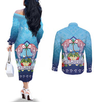 Guam Chamorro Couples Matching Off The Shoulder Long Sleeve Dress and Long Sleeve Button Shirt Tribal Latte Stone With Dolphins Blue