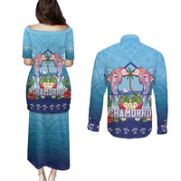 Guam Chamorro Couples Matching Puletasi and Long Sleeve Button Shirt Tribal Latte Stone With Dolphins Blue