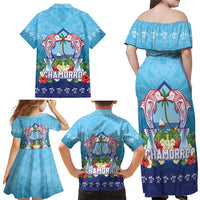 Guam Chamorro Family Matching Off Shoulder Maxi Dress and Hawaiian Shirt Tribal Latte Stone With Dolphins Blue