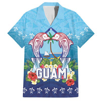 Guam Chamorro Family Matching Off Shoulder Maxi Dress and Hawaiian Shirt Tribal Latte Stone With Dolphins Blue