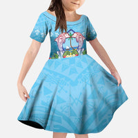 Guam Chamorro Kid Short Sleeve Dress Tribal Latte Stone With Dolphins Blue