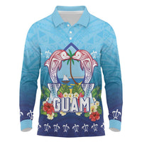 Guam Chamorro Long Sleeve Polo Shirt Tribal Latte Stone With Dolphins Blue