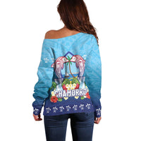 Guam Chamorro Off Shoulder Sweater Tribal Latte Stone With Dolphins Blue