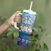 Guam Chamorro Tumbler With Handle Tribal Latte Stone With Dolphins Blue