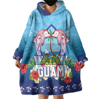 Guam Chamorro Wearable Blanket Hoodie Tribal Latte Stone With Dolphins Blue