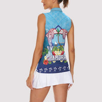 Guam Chamorro Women Sleeveless Polo Shirt Tribal Latte Stone With Dolphins Blue
