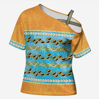 Hawaii Humuhumu Fish Maile Pikake Lei Cross Shoulder Shirt Tribal Tapa Orange Version