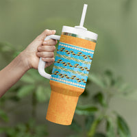 Hawaii Humuhumu Fish Maile Pikake Lei Tumbler With Handle Tribal Tapa Orange Version